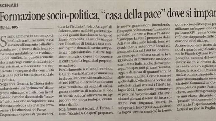 Formazione socio-politica, “casa della pace” dove si impara l’arte del dialogo.
